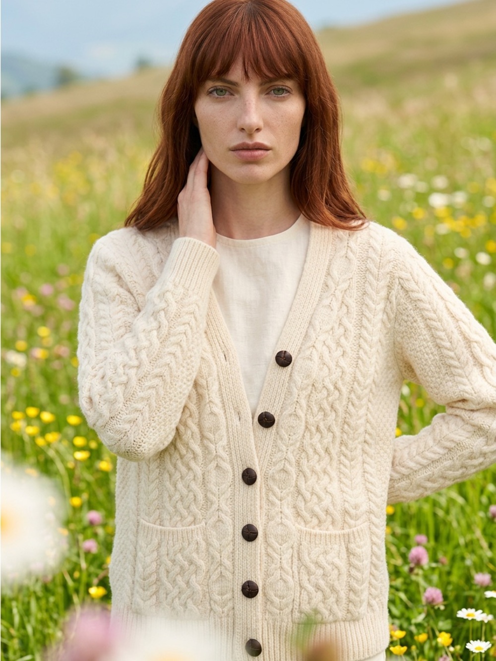 Aran Crafts Ireland 100% Merino Wool Cream Cable Cottagecore Cardigan Sweater-M